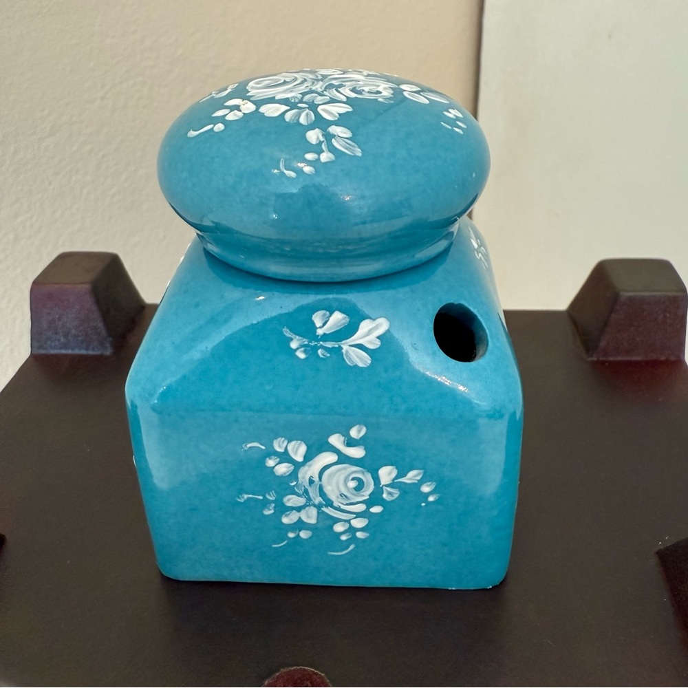 Vintage Hand-Painted French Ceramic Inkwell for Bonwit Teller – Blue Floral